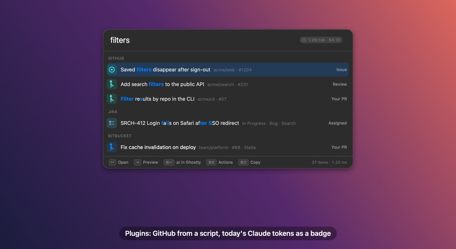 The Euclid panel searching “filters”: GitHub issues and PRs from the github plugin, and a “1.2M tok · $4.10” badge from the tokens plugin on the search bar